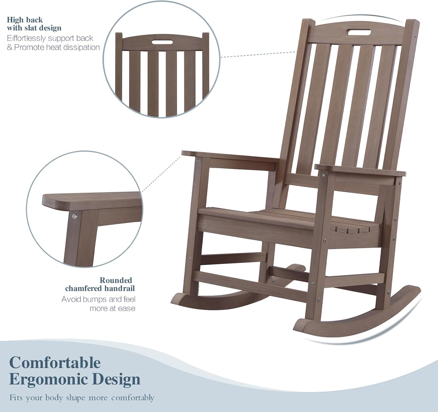 Psilvam Oversized Outdoor Rocking Chair, HDPE Porch Rocker Chairs for Adults, All Weather Resistant Rocking Chairs for Patio Lawn Garden, 350lbs Weight Capacity (Brown)