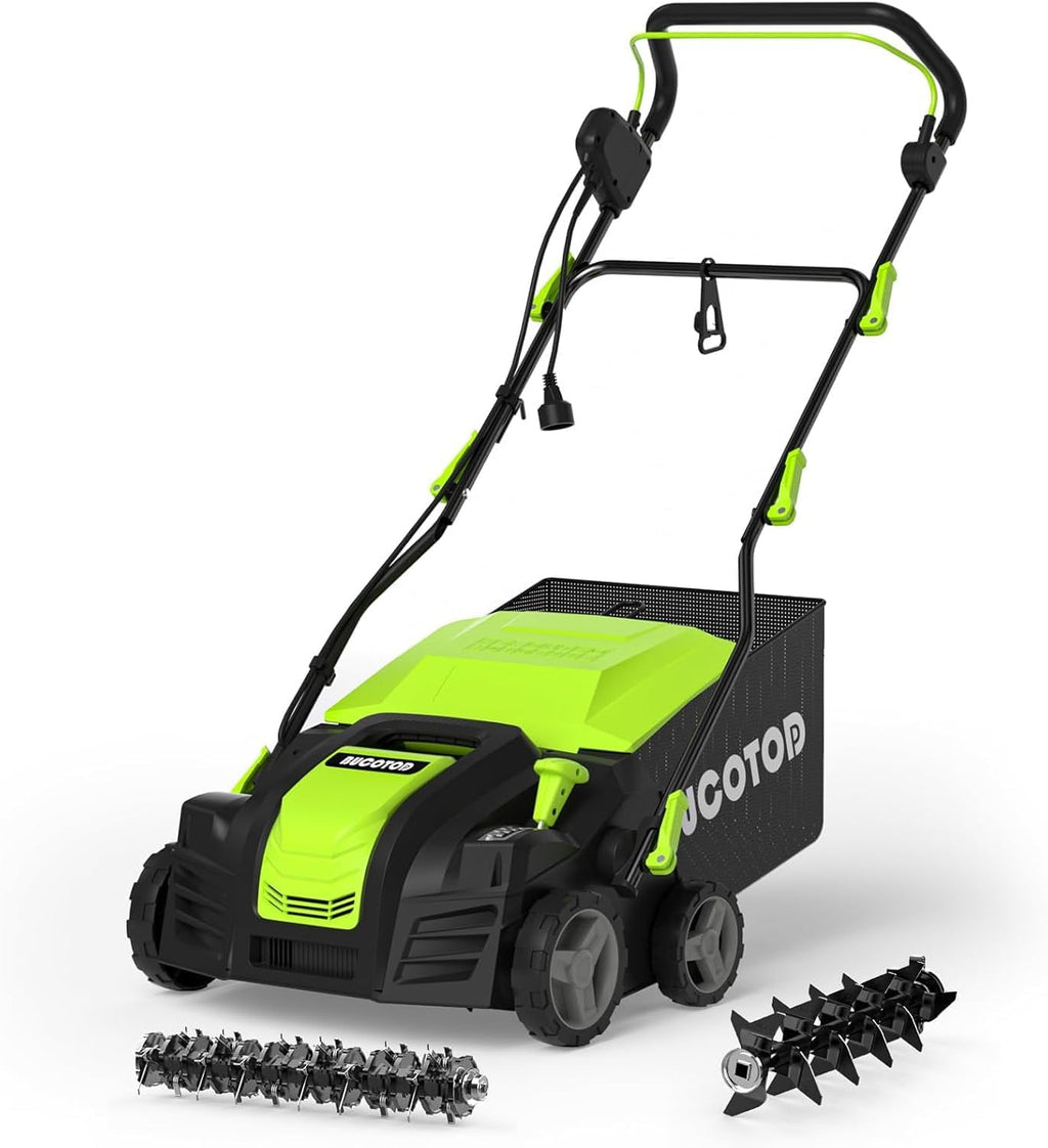 2-in-1 Electric Dethatcher and Scarifier, 13-Inch Raking & Scarifying, Turf Dethatcher & with 4-Position Height Adjustment, 14.5 gal Removable Thatch Bag for Lawn Health