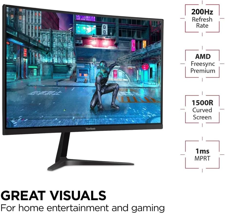 ViewSonic VX2718-PC-MHD 27 Inch 1080p Curved Gaming Monitor, 200Hz and 1ms for Smooth Gameplay, FreeSync Premium and Eye Care Technology, HDMI, and DisplayPort Inputs