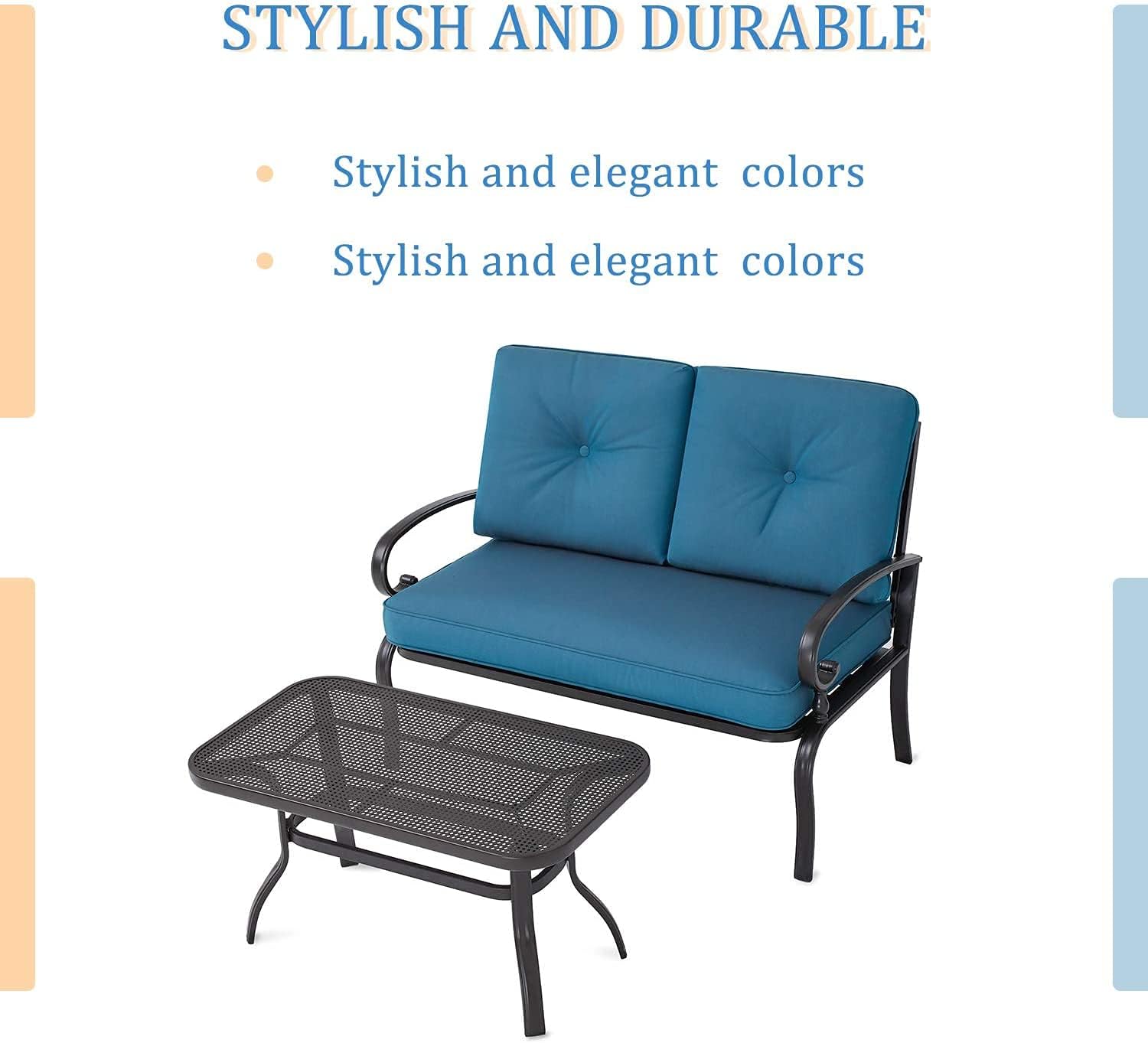 Outdoor 2 Pcs Patio Loveseat Bench Set with Bistro Coffee Table and Patio Steel Frame Sofa with Cushion, Wrought Iron Look, Lawn Front Porch Garden (Peacock Blue)