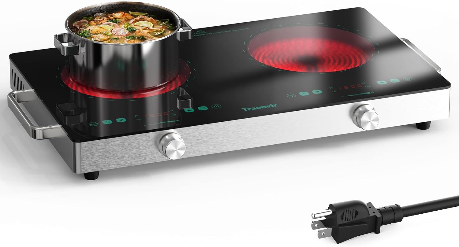 2 Burner Electric Cooktop, Two Burner Electric Stove 24 Inch, Portable Ceramic Cooktop with Handle, SensorTouch & Knob Control, Child Lock, Timer, 9 Power Levels, 110V-120V Plug in, Green