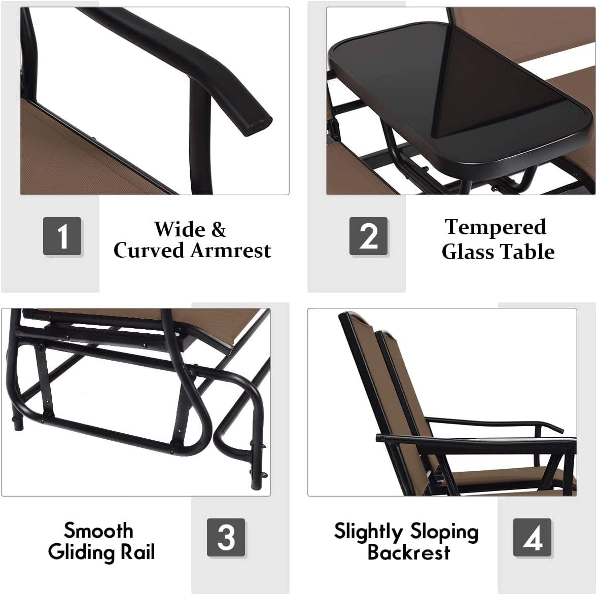 Giantex Patio Bench Glider Chair with Metal Frame, Center Tempered Glass Table, Outside Double Rocking Swing Loveseat for Porch, Garden, Poolside, Balcony, Lawn Rocker Outdoor Glider Bench(Brown)
