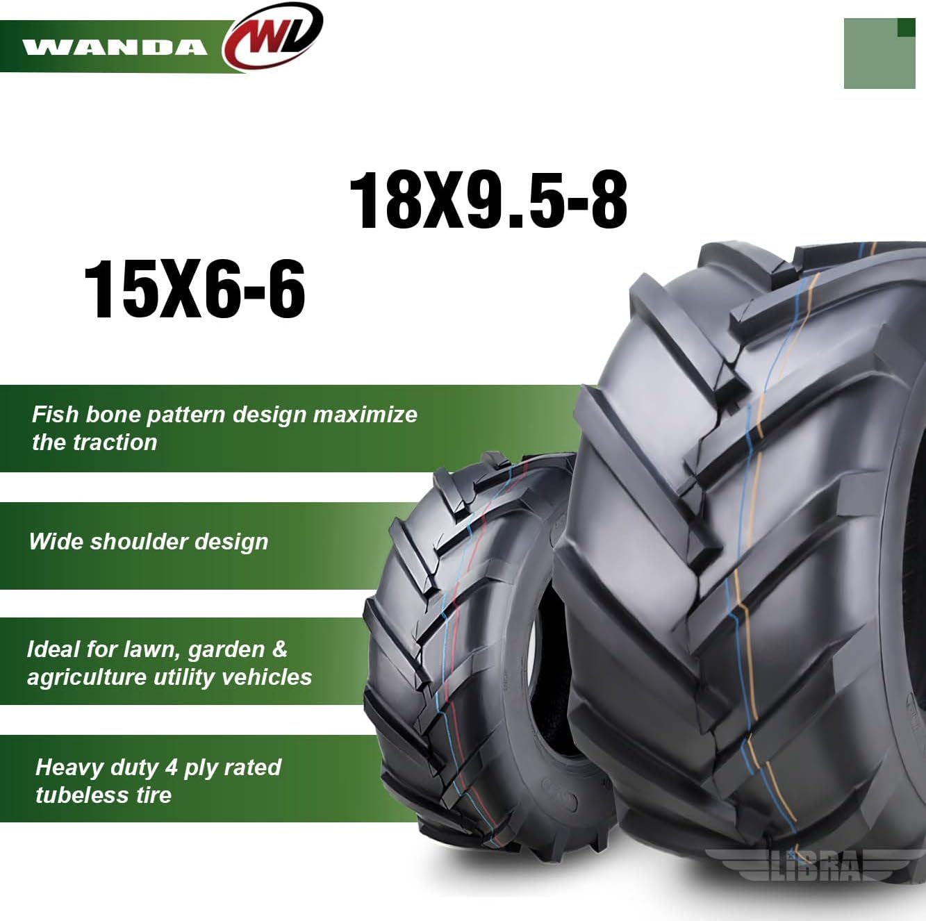 WANDA Set 4 15X6-6 & 18X9.5-8 Lawn Mower Agriculture Farm Tractor Tires Super Lug 4 Ply-13078/13070