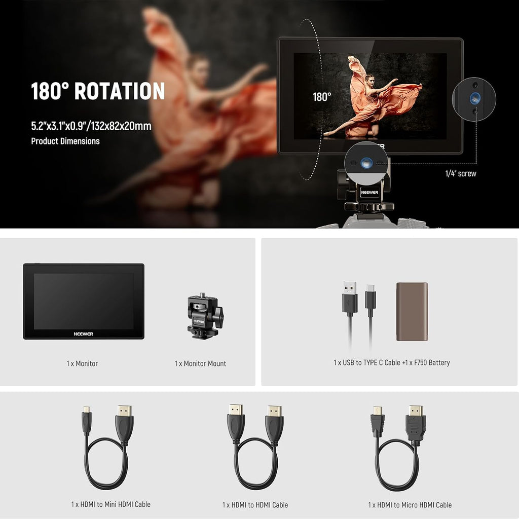 NEEWER 5.5' Camera Field Monitor, 2000nit HD 1920x1080 IPS Touch Screen, 4K HDMI Loop in/Out with 3D LUT Peak Focus DSLR Video Assist HDR Waveform, 5200mAh F750 Battery, DC7-24V/Type C 5V In, F500 PRO