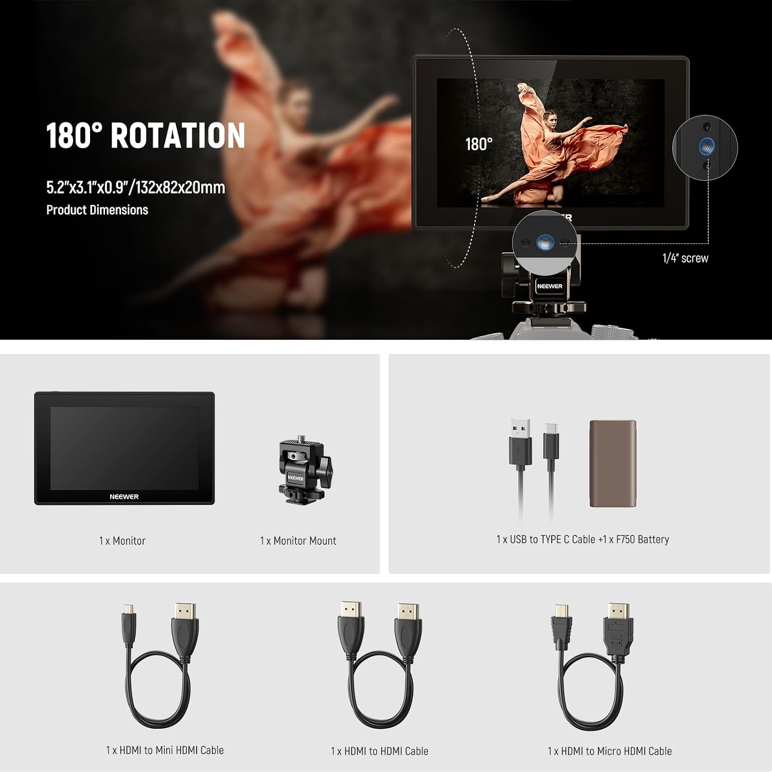 NEEWER 5.5' Camera Field Monitor, 2000nit HD 1920x1080 IPS Touch Screen, 4K HDMI Loop in/Out with 3D LUT Peak Focus DSLR Video Assist HDR Waveform, 5200mAh F750 Battery, DC7-24V/Type C 5V In, F500 PRO
