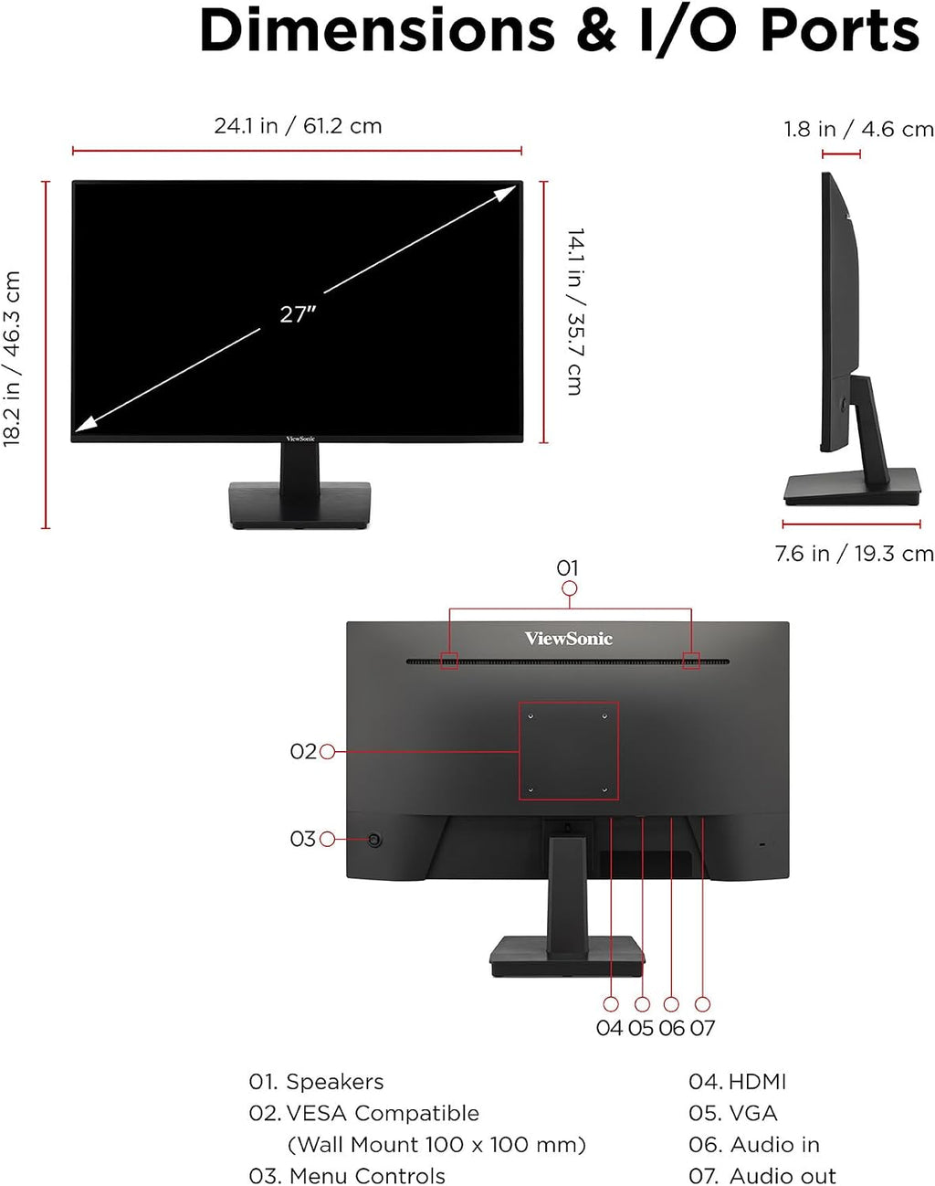 ViewSonic VA2748-MH 27 Inch 1080p Monitor, IPS Display with 120Hz for Immersive Home and Office Viewing, Variable Refresh Rate, HDMI, and VGA Inputs