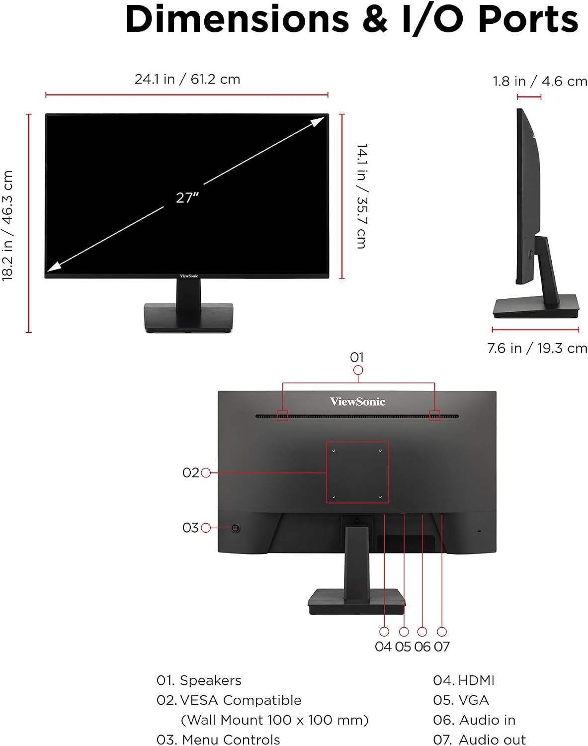 ViewSonic VA2748-MH 27 Inch 1080p Monitor, IPS Display with 120Hz for Immersive Home and Office Viewing, Variable Refresh Rate, HDMI, and VGA Inputs