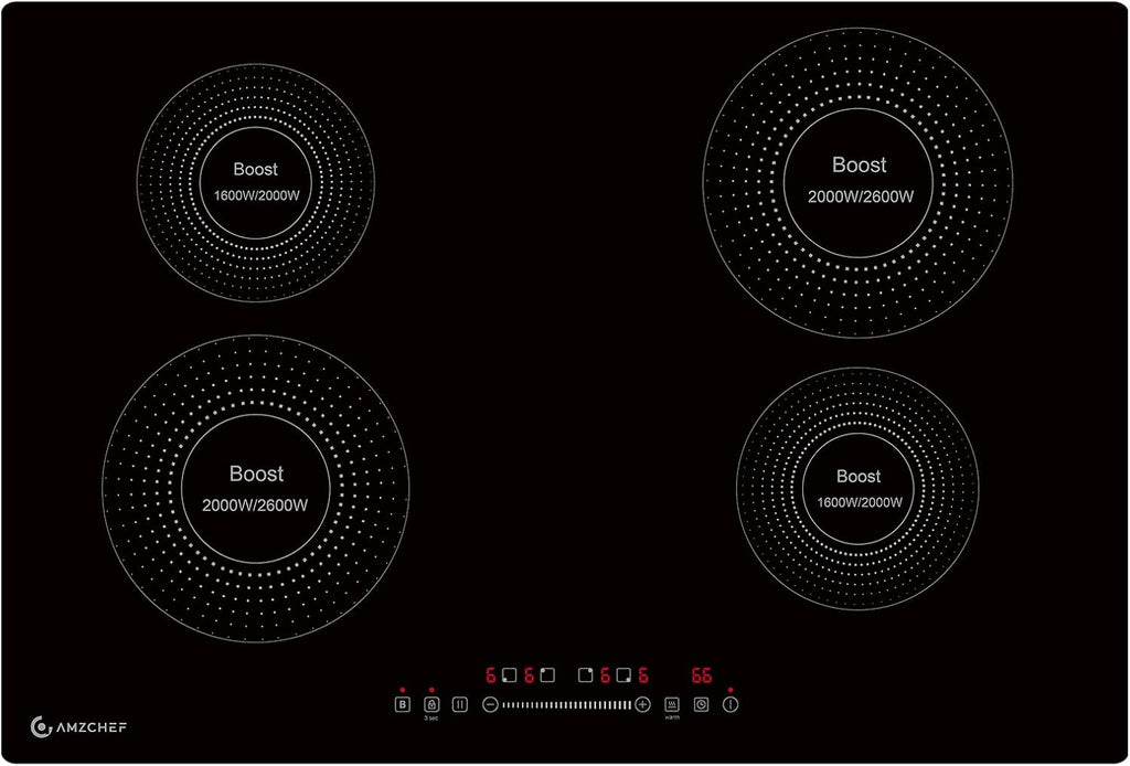 AMZCHEF Electric Cooktop 30 Inch with 4 BOOST Burners Bulid-in Induction Cooktop, 220V-240V/7200W 9 Levels Stove Control by Slide Touch, Child Safety Lock, Pause,Timer and Overheat Protection, No plug