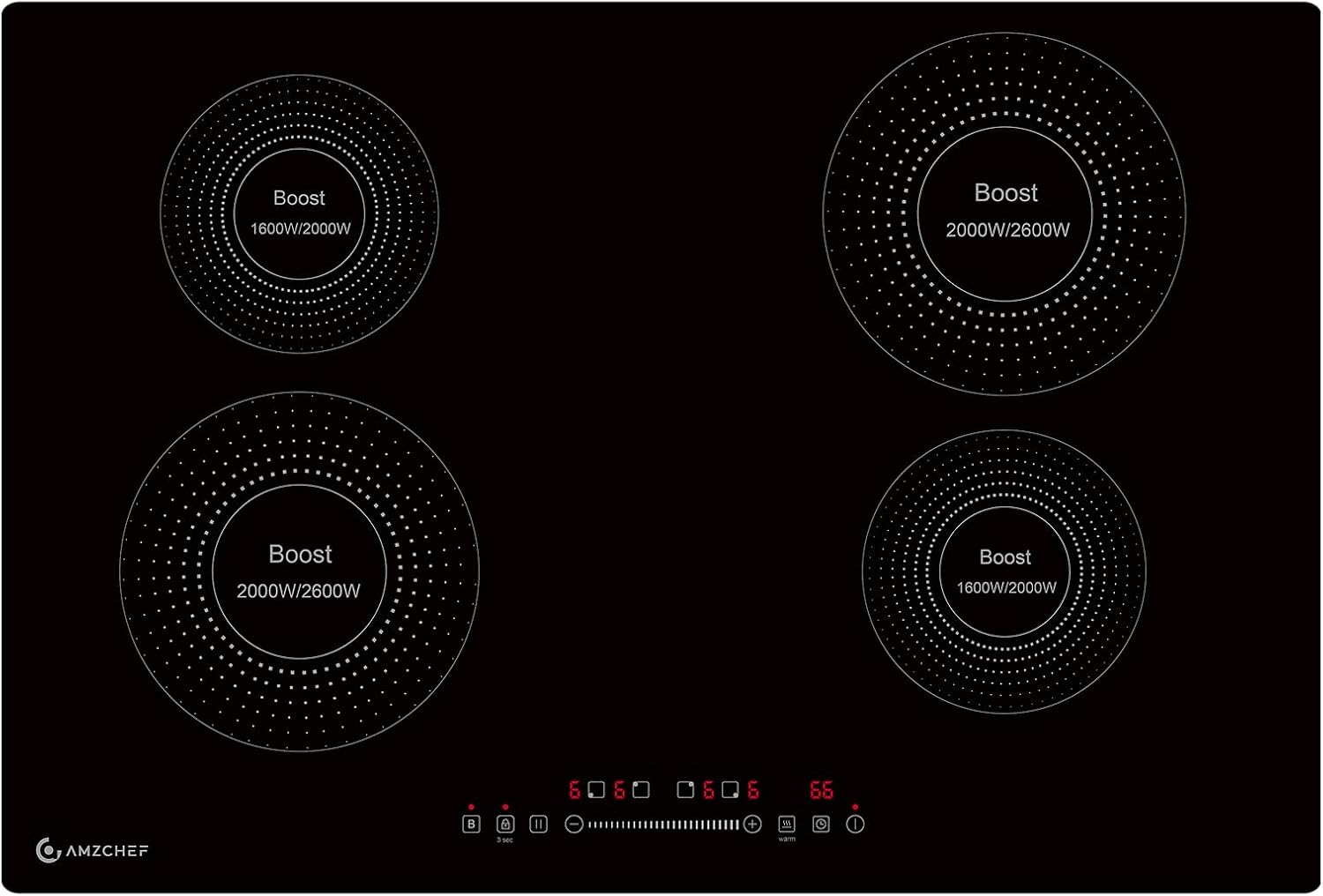 AMZCHEF Electric Cooktop 30 Inch with 4 BOOST Burners Bulid-in Induction Cooktop, 220V-240V/7200W 9 Levels Stove Control by Slide Touch, Child Safety Lock, Pause,Timer and Overheat Protection, No plug