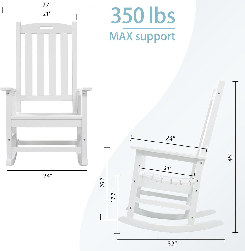 Psilvam Oversized Outdoor Rocking Chair, with 21' Wide Seat and 32' Tall Backrest, Pre-Assembled with Most Components for Effortless Installation (White)
