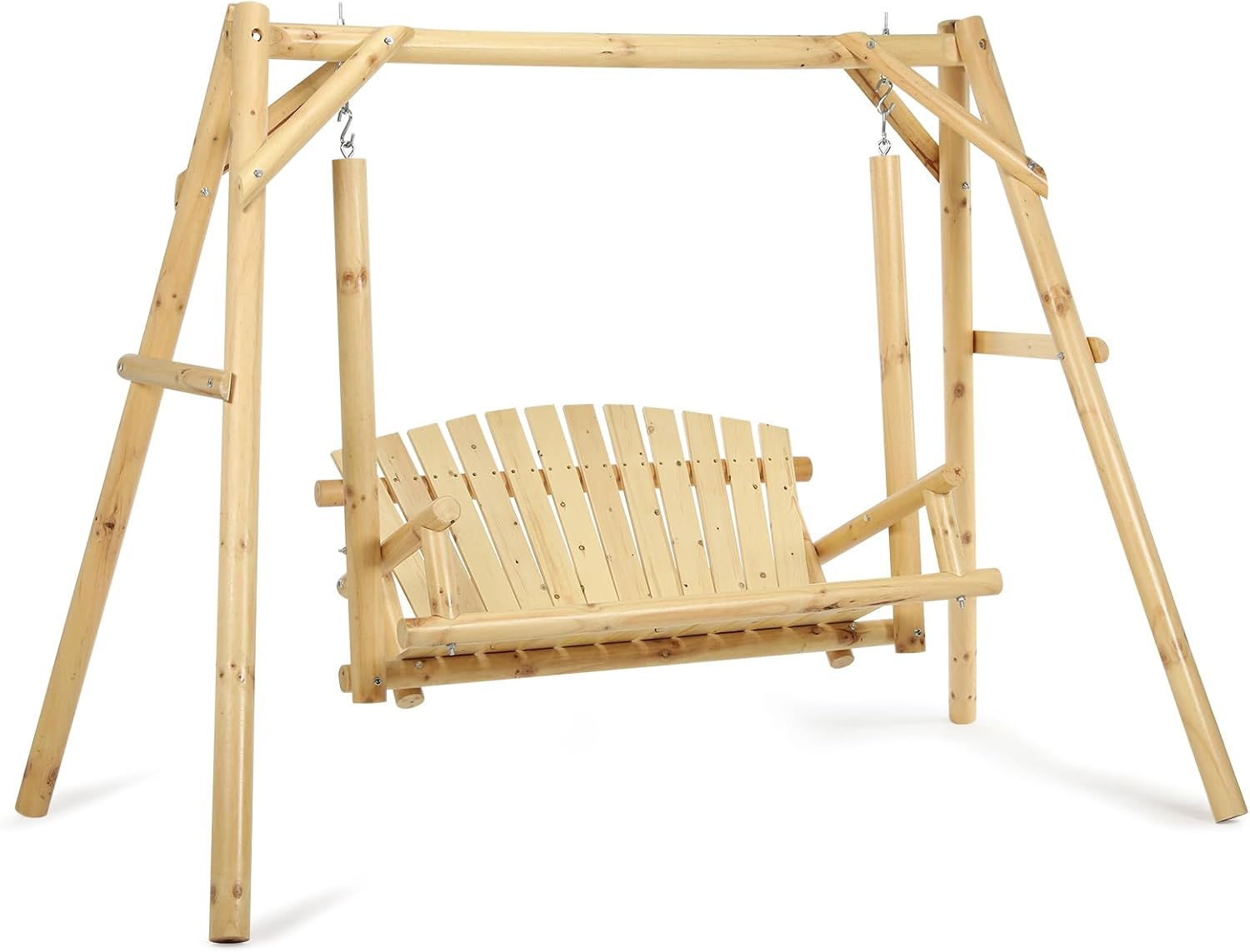 2-Seat Wooden Log Porch Swing With Stand, Rustic Hardwood Chair Bench, Curved Back, for Outside Yard, Garden, Deck, Poolside, Natural