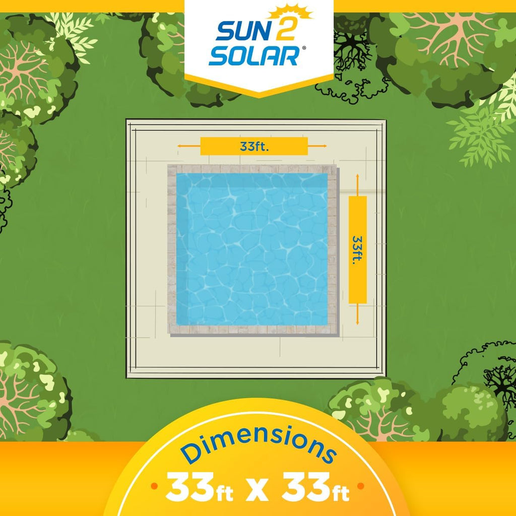Sun2Solar Blue 33 ft x 33 ft Square Pool Solar Cover | 800 Series | Heat Retaining Solar Blanket | for Heating Inground & Above Ground Swimming Pools & Spas | Includes 6 Heavy-Duty Grommets
