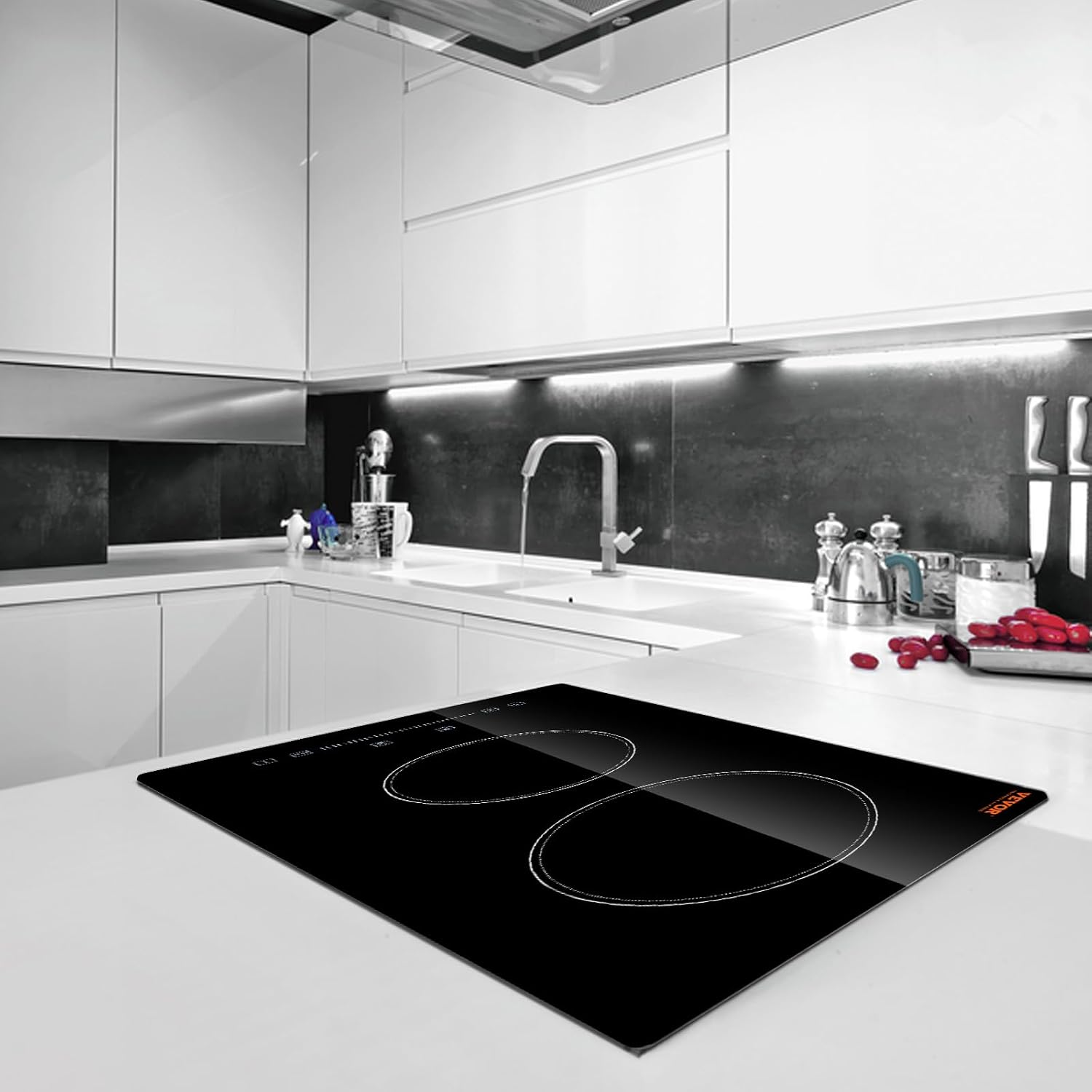 VEVOR Built in Electric Stove Top, 12 inch 2 Burners Ceramic Cooktop, Glass Radiant Cooktop with Sensor Touch Control, Timer & Child Lock Included, 9 Power Levels for Simmer Steam Slow Cook Fry,110V