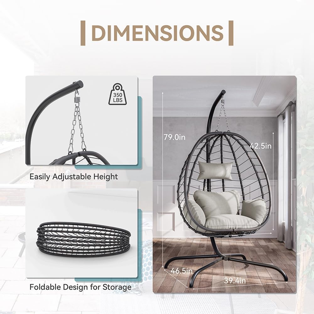 Kurapika Egg Swing Chair Indoor Outdoor Patio Wicker Rattan Hanging Egg Chair with Stand, Hammock Swing with Cushioned Headrest, 350LB Capacity for Bedroom, Balcony, Garden (Beige)