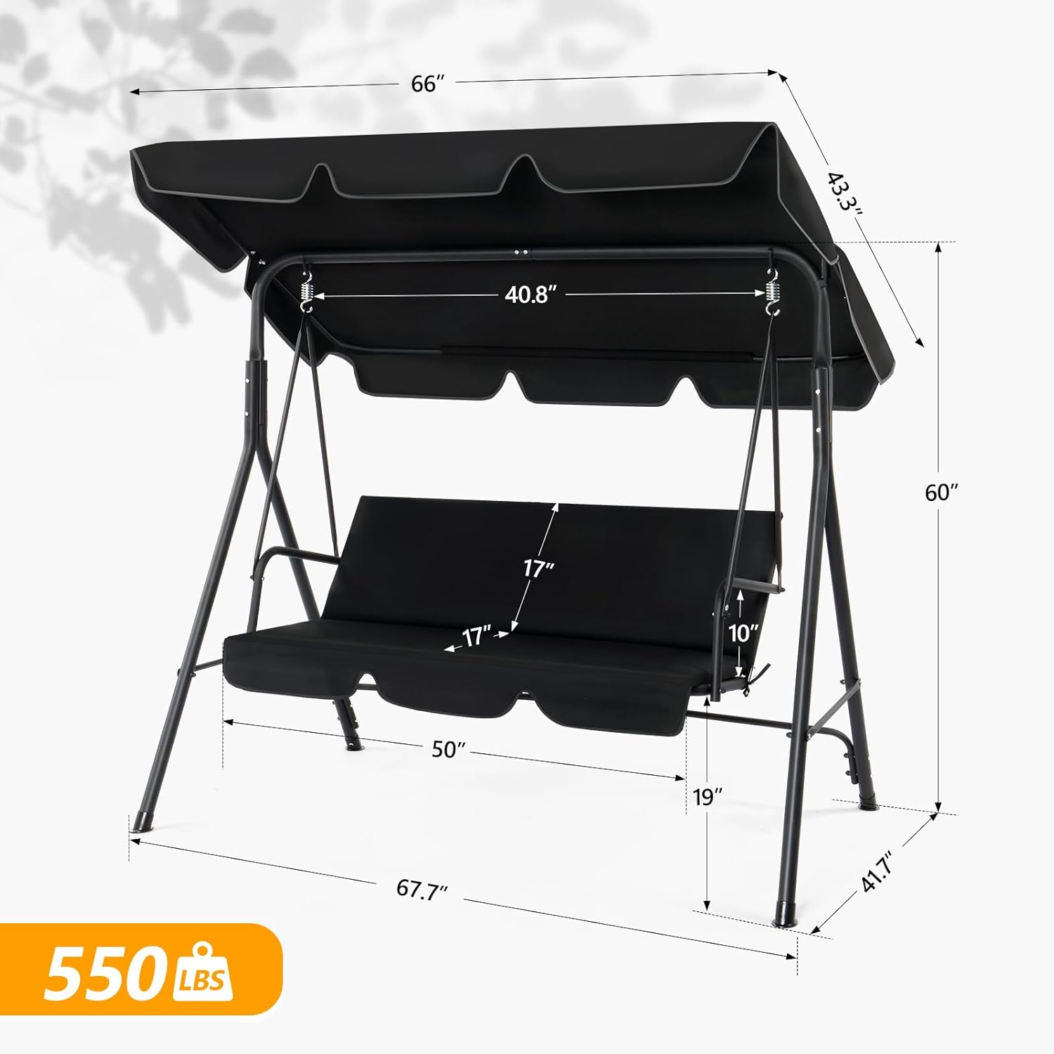 VINGLI 550 LBS Outdoor Porch Swing with Canopy, Patio Porch Swing with Stand with Cushions for Yard, Pool, Lawn, Balcony (Black)