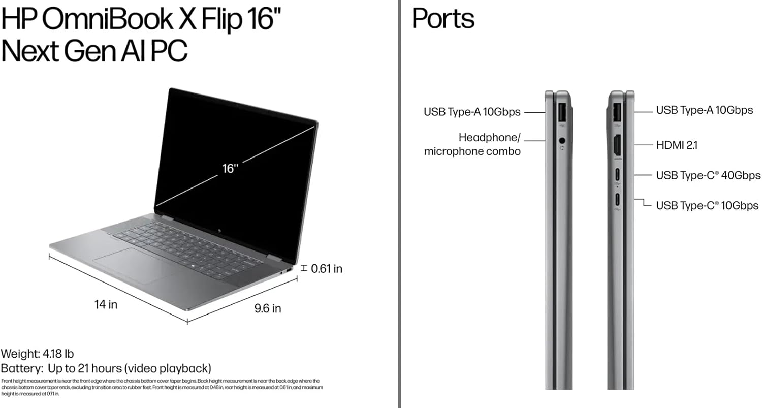 HP Envy OmniBook X Flip 2-in-1 Laptop 16' FHD+ Touch, Copilot+ PC, AMD Ryzen AI 5 340 (8-Core), 16GB RAM, 1TB SSD, AMD Radeon 840M, 21H Battery, Win 11, Meteor Silver, W/Wireless Mouse
