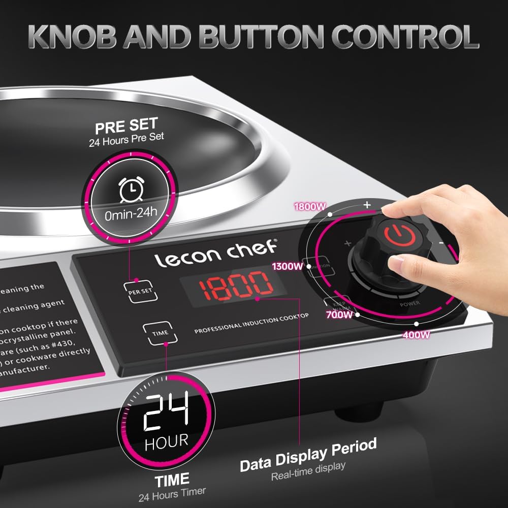 leconchef Induction Cooker with Wok 1800W Professional Electric Induction Burner with 11-Level Setting for Cooking,24-hour Timer and Preset,Keep warm,14' Carbon Steel Wok Included