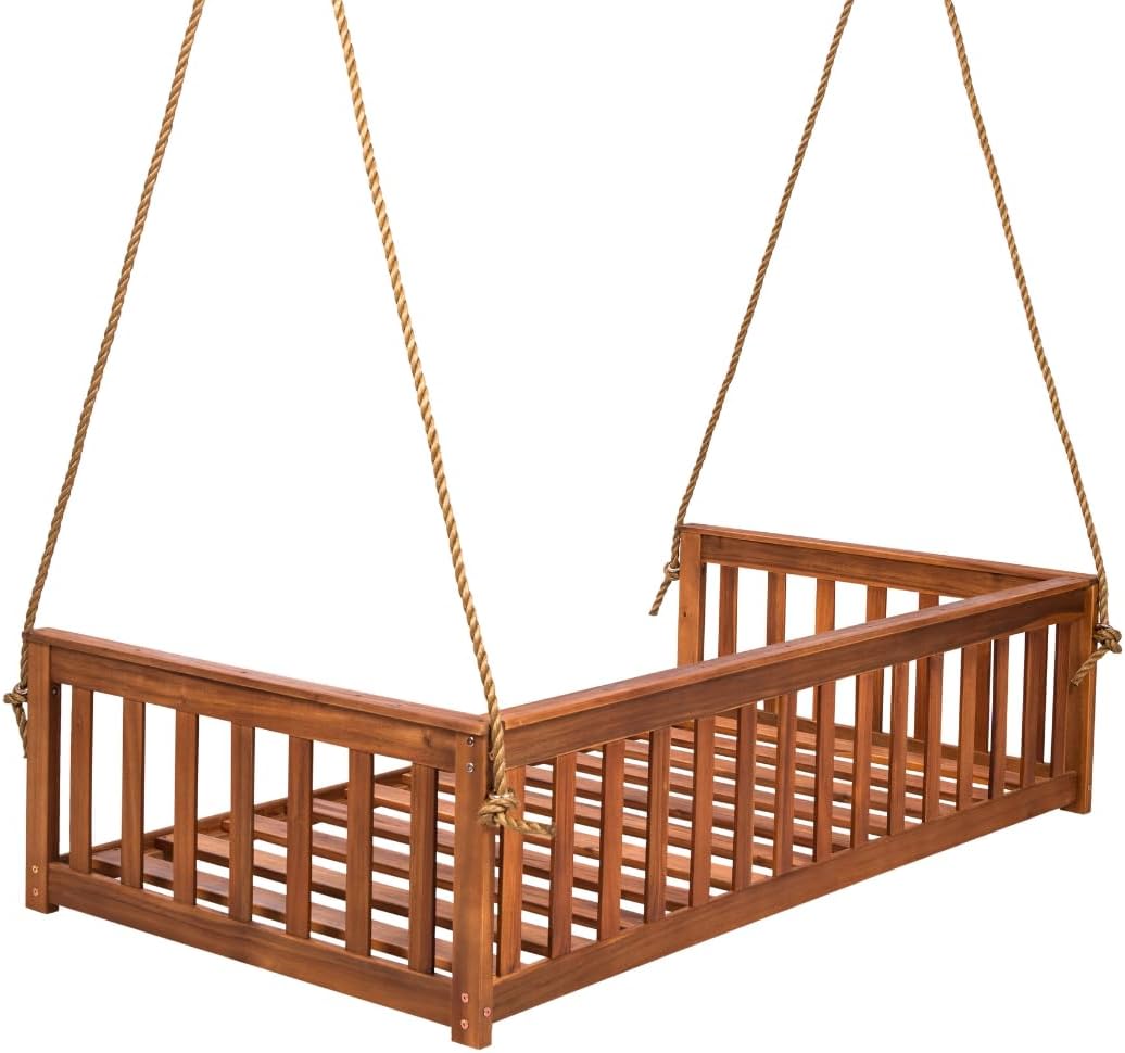 East Green Charleston Twin Outdoor Porch Swing Bed with Ropes - Acacia Wood Bed Swing in Natural Finish