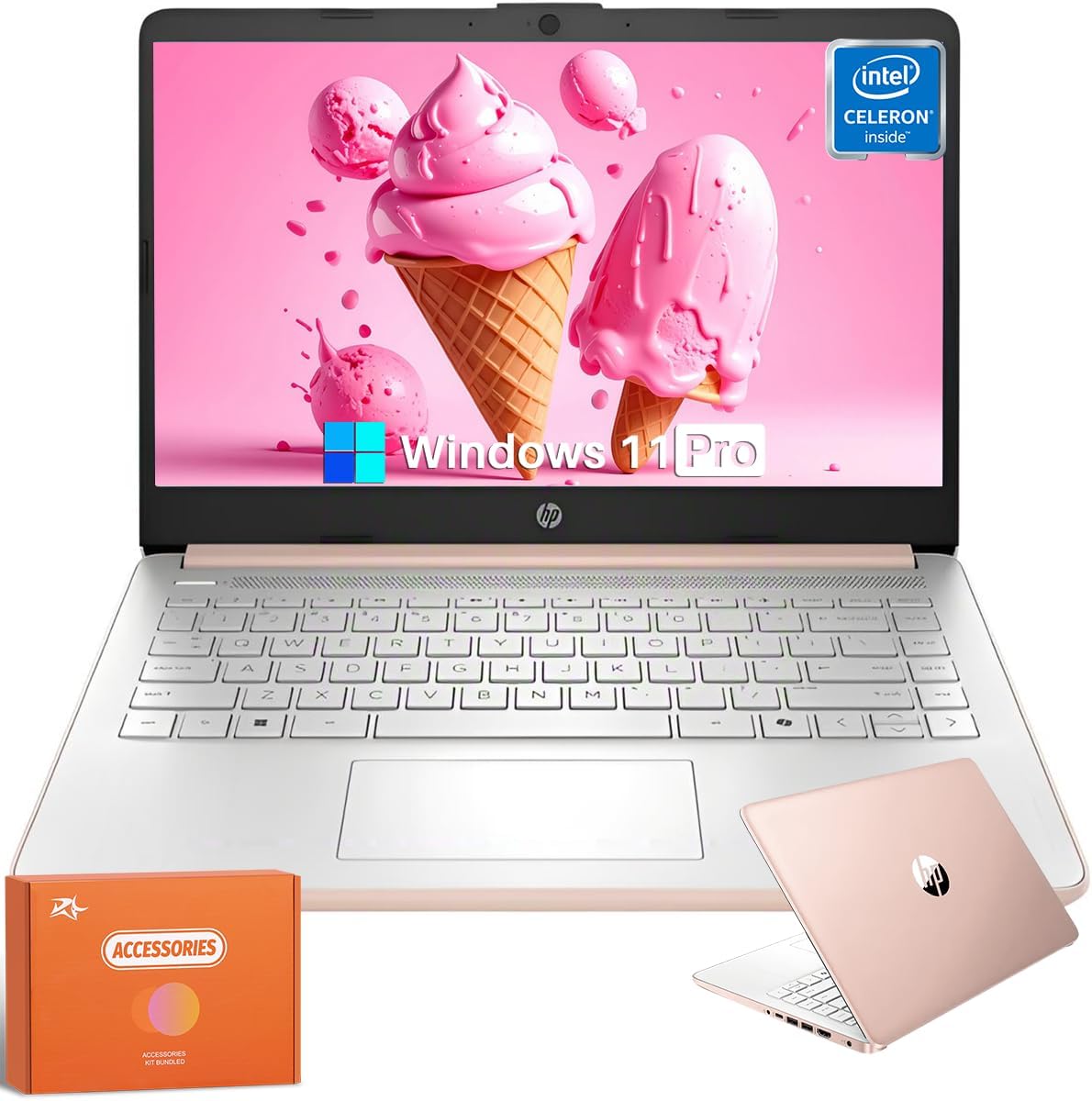 HP 14 inch Laptop, Intel 4-Core N150, 1-Year Office 365, 14' LED 250 nits, 16 GB RAM, 384 GB Storage(128GB UFS+256GB Micro SD), Webcam, WiFi, HDMI, Windows 11 Pro & Copilot-Ai, Rose Gold w/Mouse