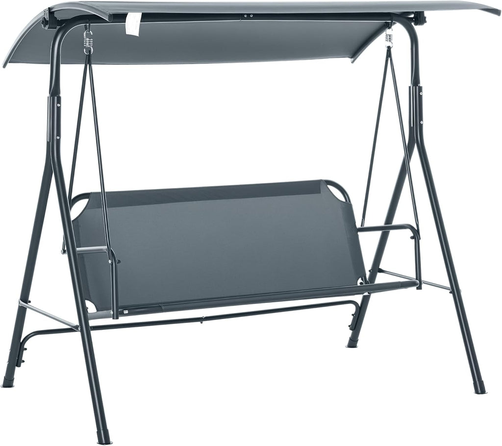 Outsunny 3-Person Porch Swing with Stand, Outdoor Swing for Patio Porch with Adjustable Tilt Canopy and Comfortable Swing Bench-Style Seat, Steel Frame, Gray
