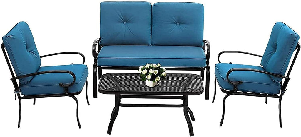Outdoor Furniture Patio Conversation Set Loveseat, 2 Chairs, Coffee Table with Cushion, Lawn Front Porch Garden, Metal Chair Set Wrought Iron Look (Peacock Blue)