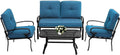 Outdoor Furniture Patio Conversation Set Loveseat, 2 Chairs, Coffee Table with Cushion, Lawn Front Porch Garden, Metal Chair Set Wrought Iron Look (Peacock Blue)