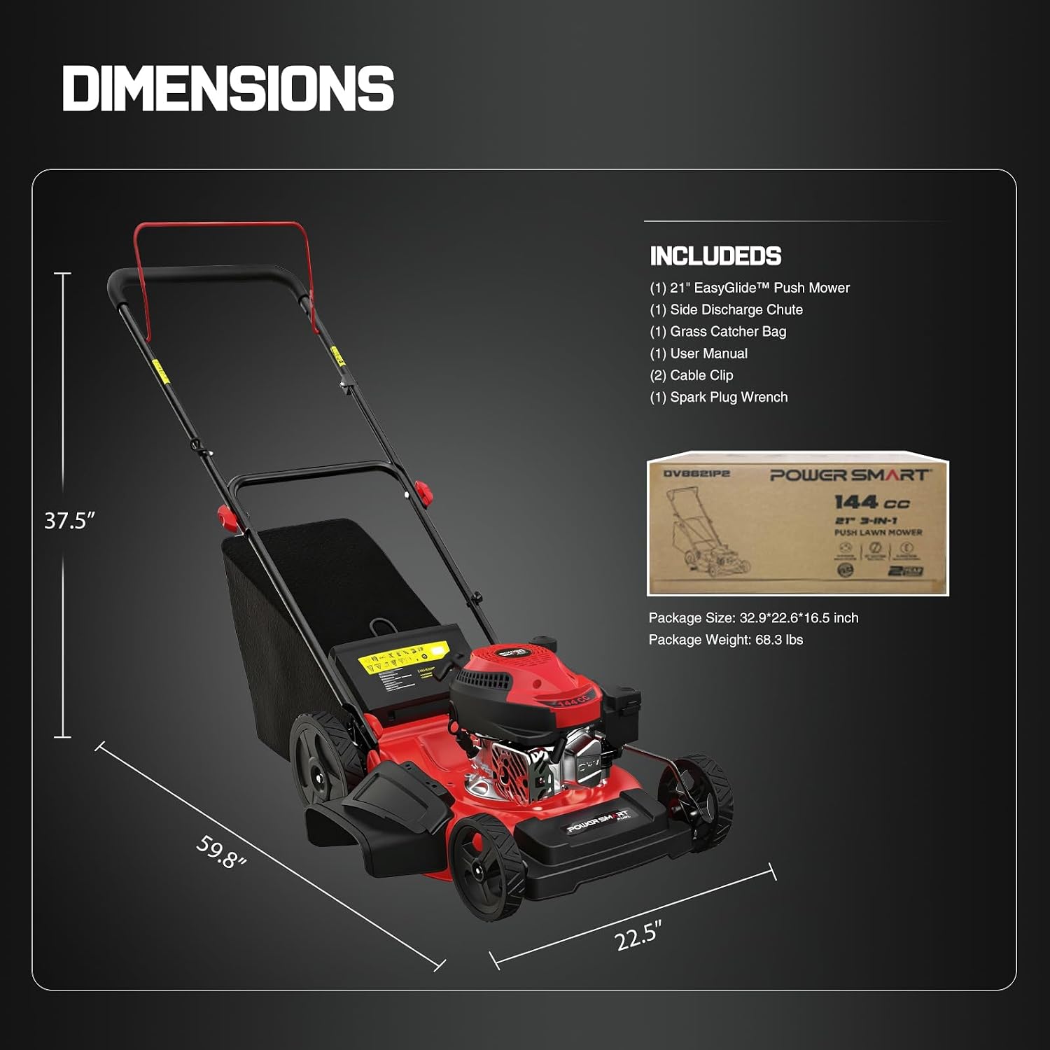 PowerSmart EasyGlide 21-Inch Gas Lawn Mower, 144cc 4-Stroke OHV Engine, Push Walk-Behind, 3-in-1 Mulch/Bag/Side Discharge, Steel Deck, 6 Height Adjustment
