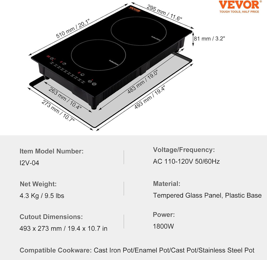VEVOR Electric Cooktop, 2 Burners, 12'' Induction Stove Top, Built-in Magnetic Cooktop 1800W, 9 Heating Level Multifunctional Burner, LED Touch Screen w/Child Lock & Over-Temperature Protection