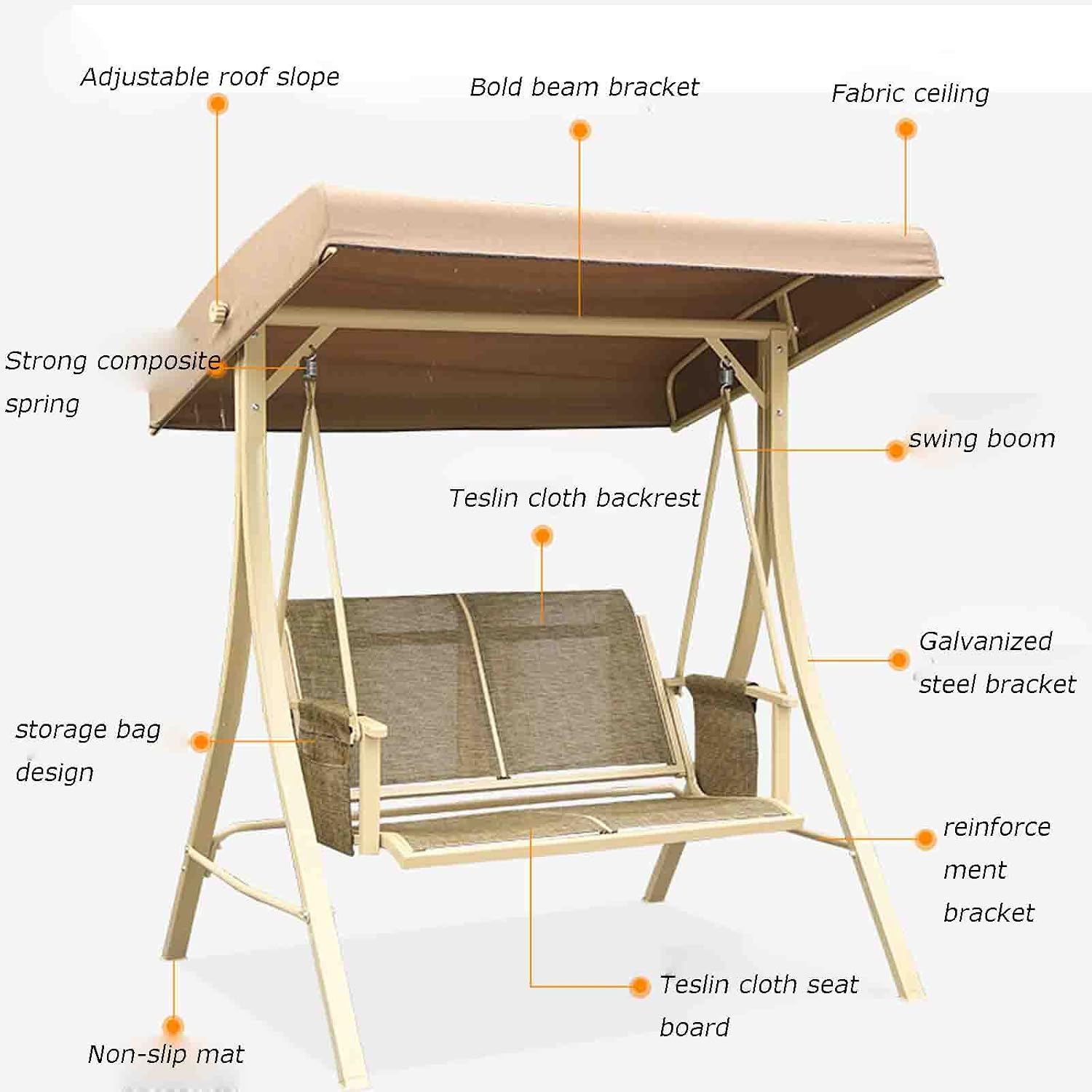 2-seat Outdoor Swing, Wrought Iron Rocking Chair, Balcony Hanging Chair, Frame Structure with Rotatable Canopy Porch Swing (Three Persons)