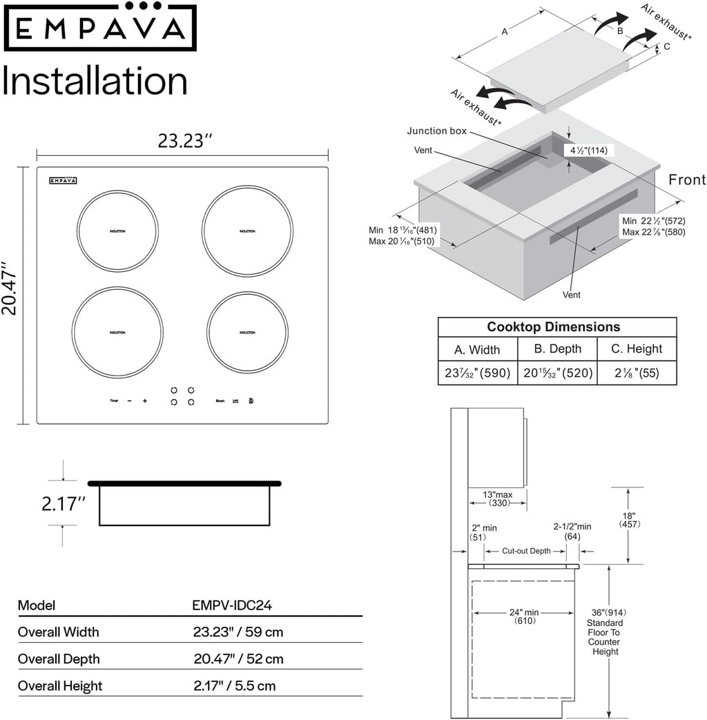 Empava 24' Electric Stove Induction Cooktop with 4 Power Boost Burners Smooth Surface Vitro Ceramic Glass in Black, 24 Inch