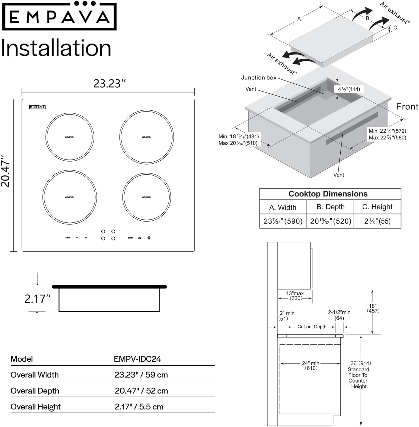 Empava 24' Electric Stove Induction Cooktop with 4 Power Boost Burners Smooth Surface Vitro Ceramic Glass in Black, 24 Inch