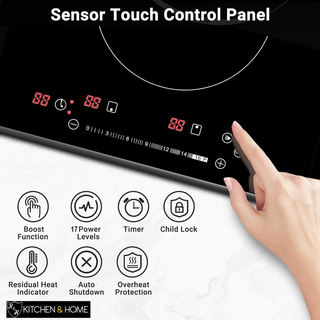 K&H Dual Induction Cooktop - 12 Inch Built-In Electric Stove Top with 17 Heating Levels - 220V, 3400W Built-in Ceramic Glass Electric Induction Cooktop - Touch Control, Timer & Child Lock, IN12-3400SL