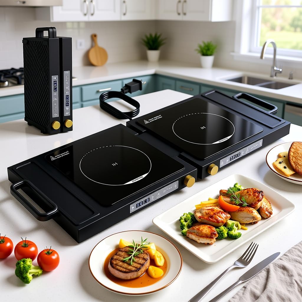 Double Induction Cooktop, 1800W Portable Dual Burner with 8 Power Levels, Sensor Touch Control & 99-Min Timer, Fold-n-Store Design for RV, Small Kitchen & Outdoor Cooking (gray-black)
