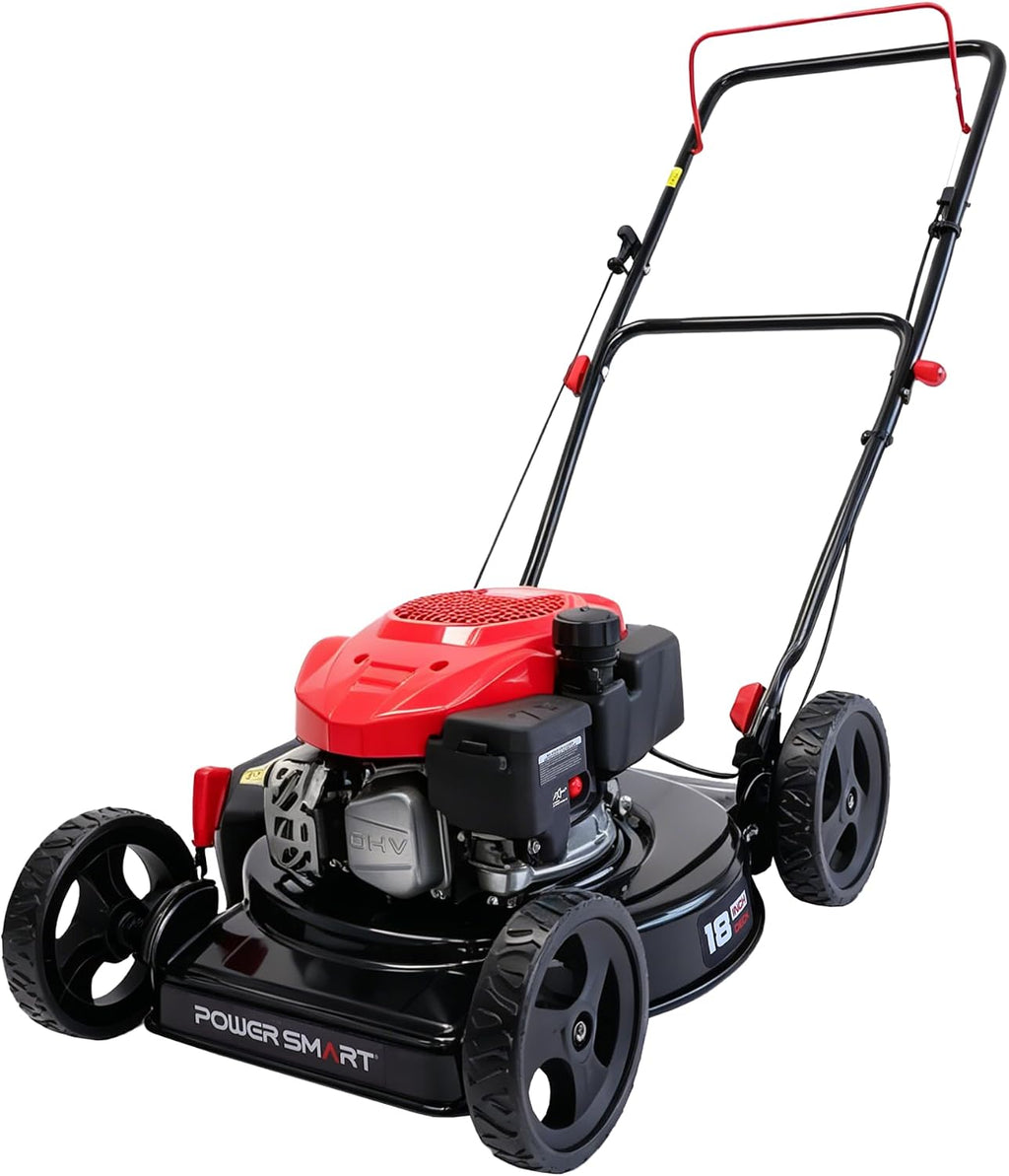 PowerSmart EasyCut 18' 144cc Gas Lawn Mower, Heavy-Duty Steel Deck, Side Discharge, 5-Position Height Setting, 2-in-1 Walk-Behind Push Mower with Side Discharge