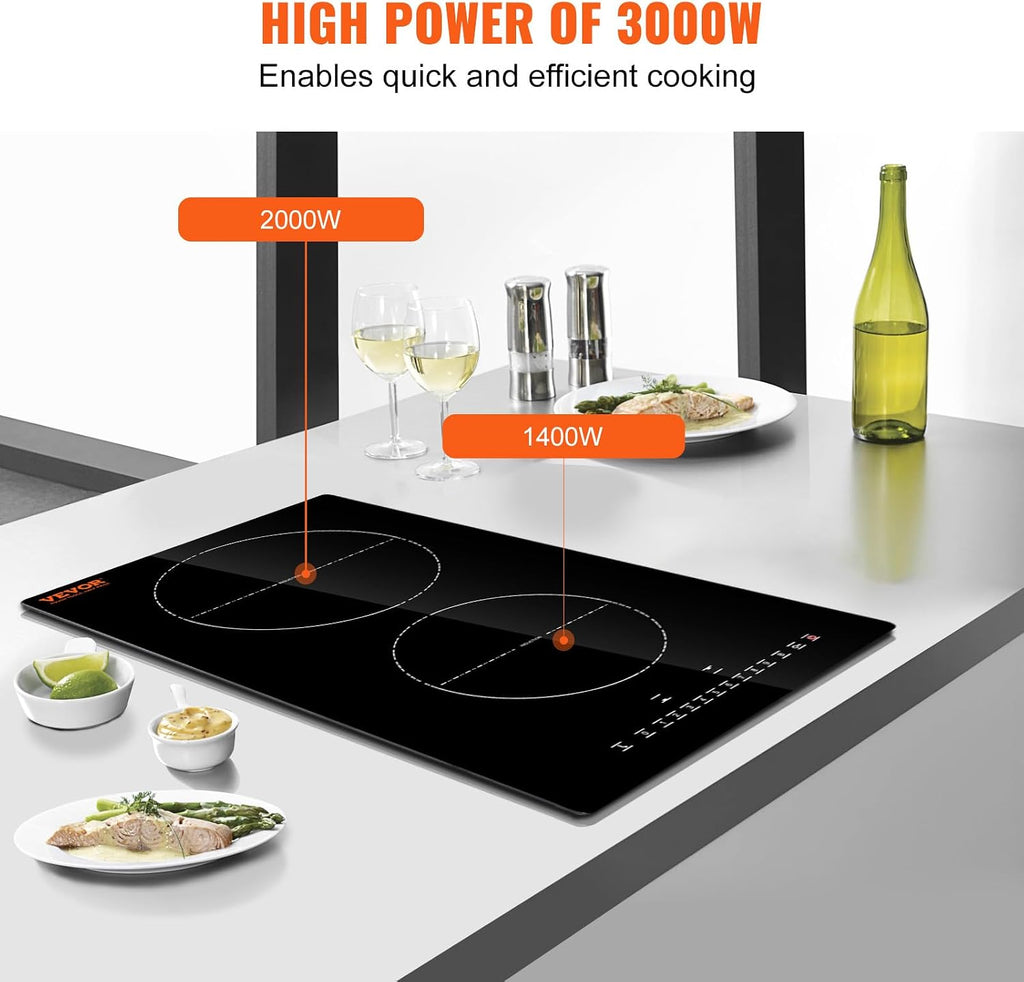 VEVOR Electric Cooktop, 2 Burners, 12'' Induction Stove Top, Built-in Magnetic Cooktop 3000W, 9 Heating Level Multifunctional Burner, LED Touch Screen w/Child Lock & Over-Temperature Protection