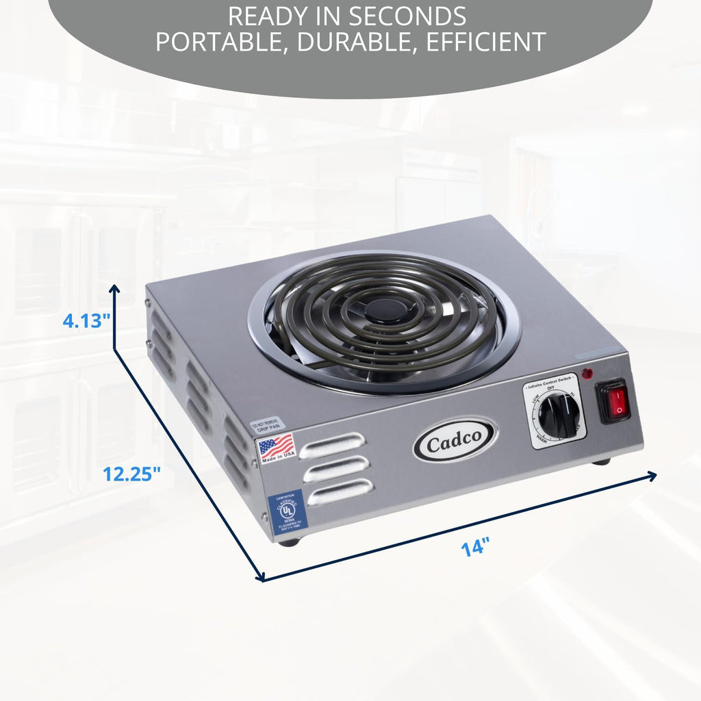 Cadco CSR-3T 14' Electric Portable Countertop Hi-Power Hot Plate w/One Tubular Burner for Restaurant Hotel Food Truck Concession Kiosk, Stainless Steel, 120v