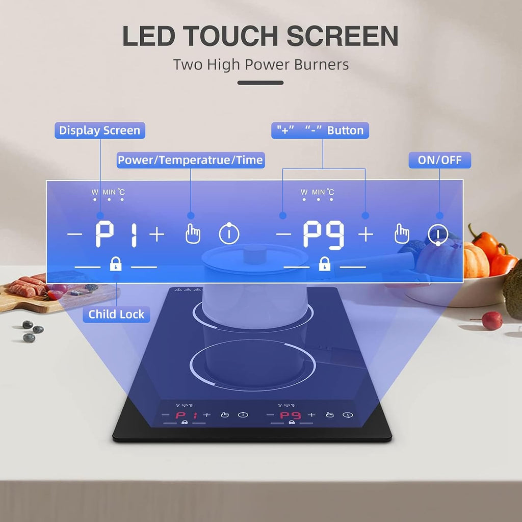 12' Induction Cooktop, Double Induction Cooktop 2 Burner 110v-120v Electric Stove Top, Countertop and Built-in, 9 Power Levels, Child Lock, 120 Mins Timer