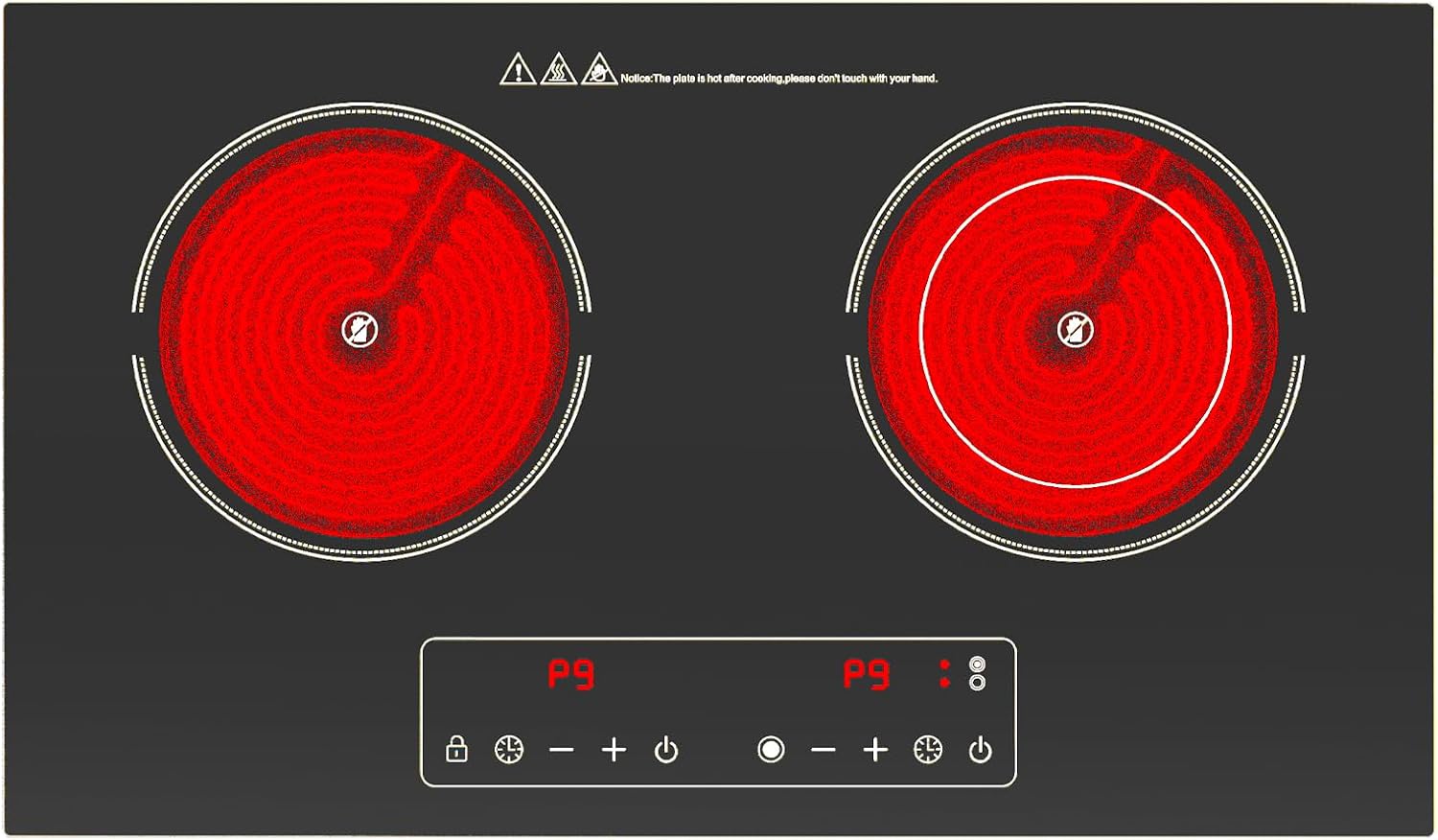 Electric Cooktop,110V 2400W 2 Burner Electric Cooktop,Countertop and Built-in Stove top with 9 Power Levels,Child Safety Lock, Timer, LED touch control,Overheat Protection