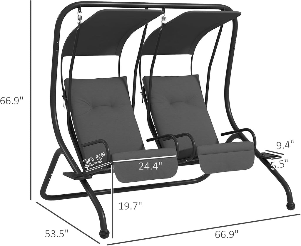 Outsunny Patio Swing Chair with 2 Separate Seats, Outdoor Swing with Removable Canopy and Cup Holders for Porch, Garden, Poolside, Backyard, Gray
