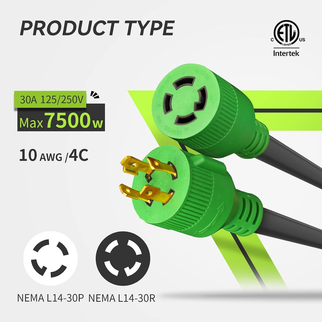RVMATE 30 Amp Generator Cord 4 Prong 100 Feet, NEMA L14-30P/L14-30R, 125/250V Up to 7500W 10 Gauge SJTW Generator Extension Cord, ETL Listed