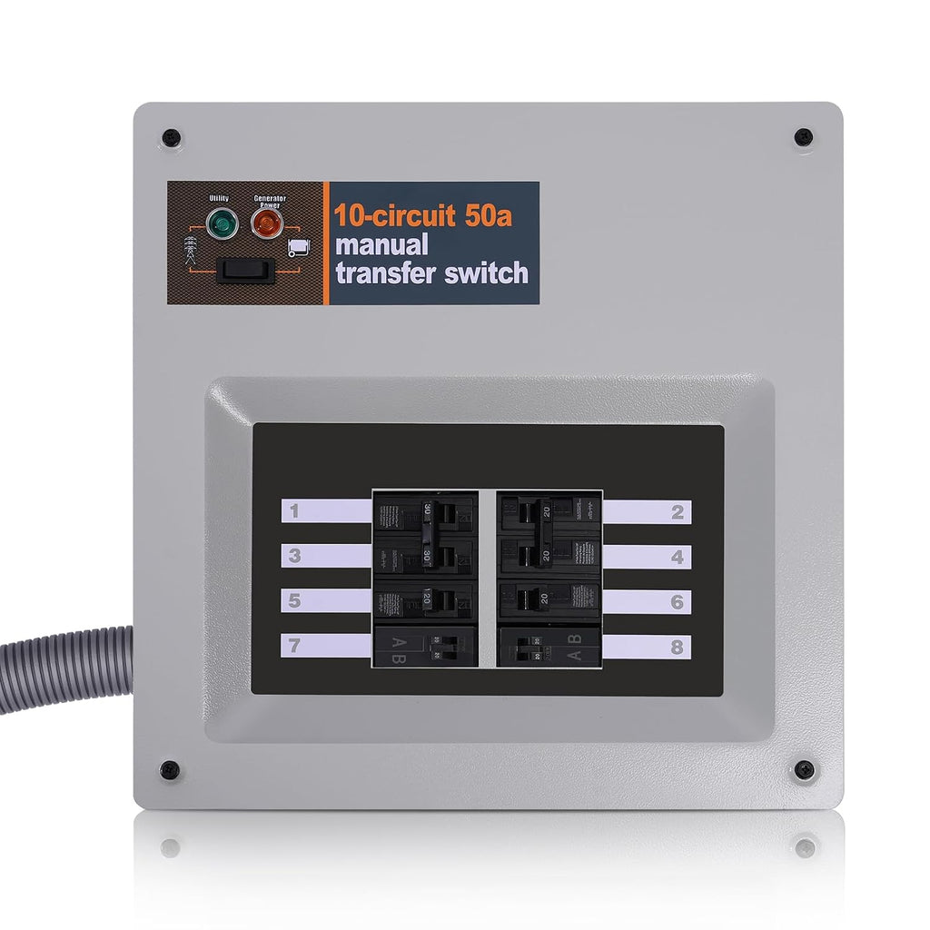 50 Amp Manual Transfer Switch Replacement for Generac 9854, 10-Circuit Selector, 240V Generator Hookup, Indoor Pre-Wired Manual Transfer Switch