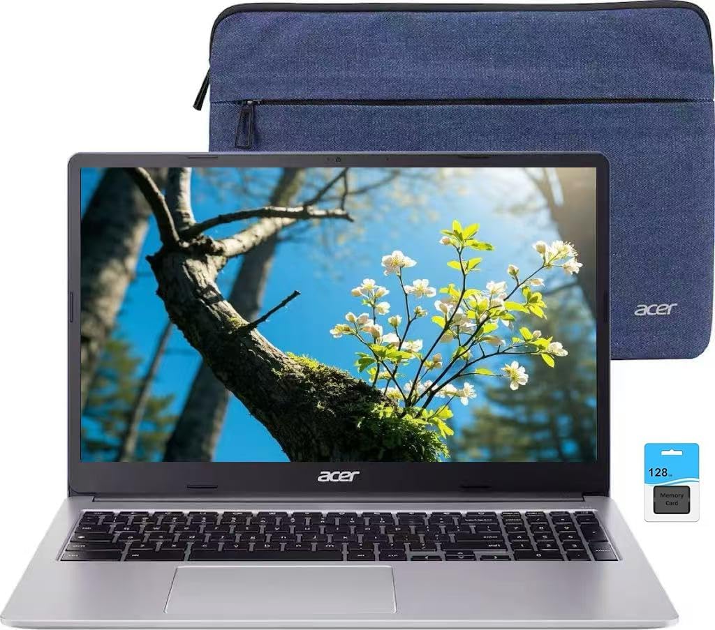 acer Chromebook 315, 15.6' FHD (1920 x 1080) IPS Display Laptop, Intel Celeron N4500, 4GB RAM, 192GB Storage (64GB eMMC + 128GB SD), Webcam, Chrome OS, Sparkly Silver, Protective Sleeve Included