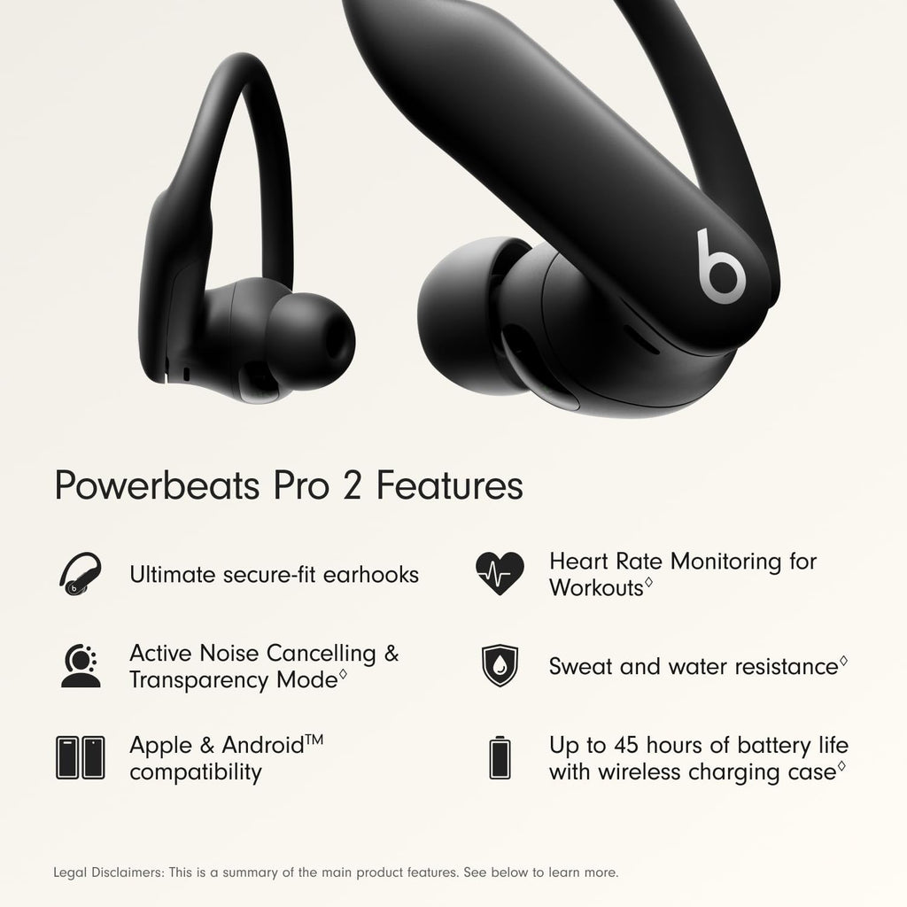 Beats Powerbeats Pro 2 - Wireless Noise Cancelling Workout Earbuds with Secure- Fit Earhooks, Up to 45-Hour Battery with Charging Case, Sweat & Water Resistant, Heart Rate Monitoring - Jet Black