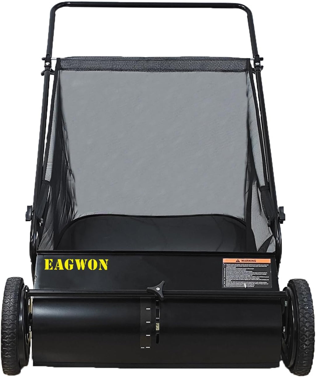 Push Lawn Sweeper, 26-Inch Width, 7 Cu. Ft. Hopper Capacity, 4 Spinning Brushes, Adjustable Height, Durable Steel Frame with Rubber Wheels, Ideal for Leaves and Grass