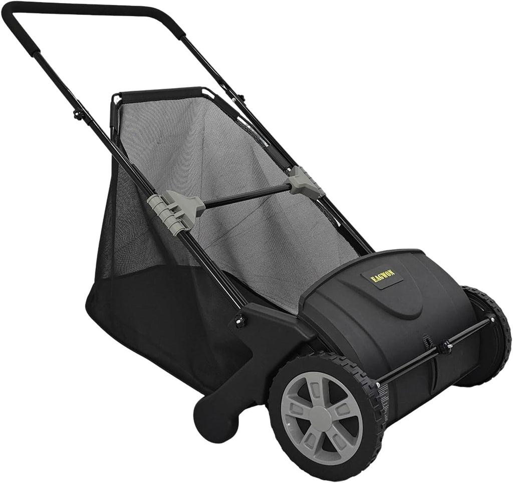 Push Lawn Sweeper, 21-Inch Width, 3.5 Cu. Ft. Hopper Capacity, 4 Spinning Brushes, Adjustable Height, Durable Steel Frame with Rubber Wheels, Black