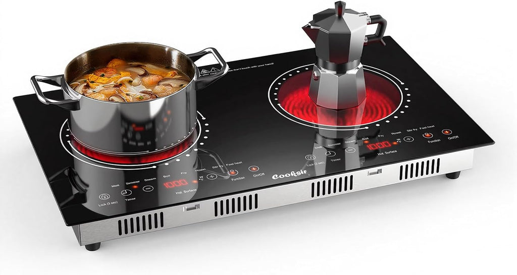2 Burner Electric Cooktop - 24 Inch(23.6'x 13.8') Built-in & Countertop Electric Stove Top, 120V Double Burner Ceramic Cooktop Portable with Safety Lock, Timer, Touch Control, 110V Plug in