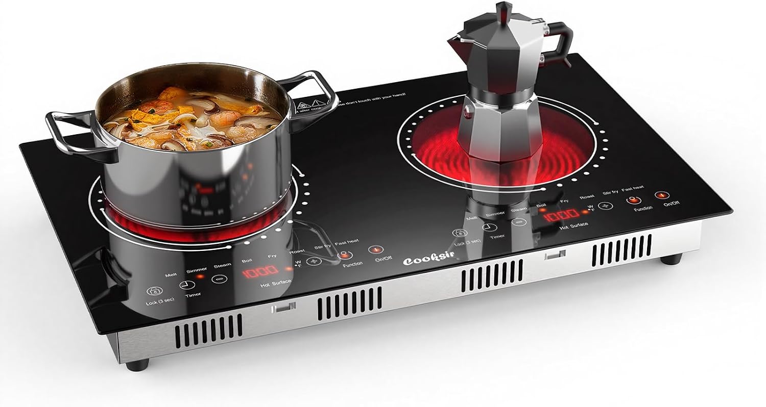 2 Burner Electric Cooktop - 24 Inch(23.6'x 13.8') Built-in & Countertop Electric Stove Top, 120V Double Burner Ceramic Cooktop Portable with Safety Lock, Timer, Touch Control, 110V Plug in