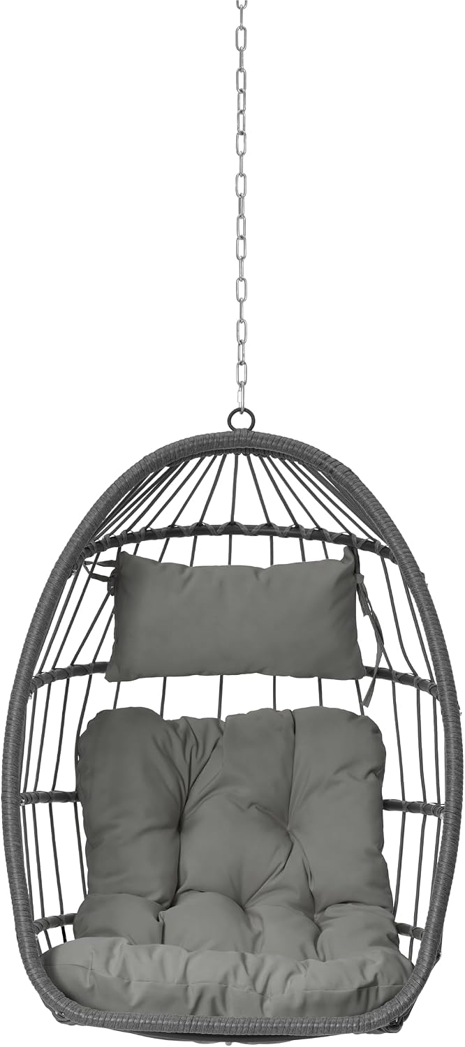 KEIKI Hanging Egg Chair, Outdoor Patio Swing Basket Egg Chair with Cushion, 360LBS Load Rattan Wicker Hammock Chair for Balcony, Garden, Living Room, Dark Grey