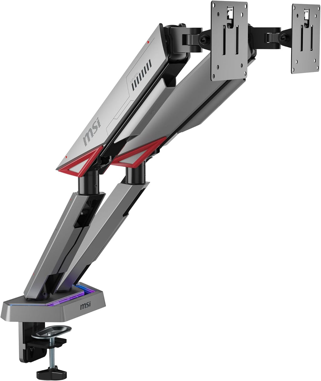 MSI MPG MT161DR - Premium RGB Dual Monitor Stand Arms, 17-38' Support, VESA Compatible, Adjustable Spring Assisted Mount, 35.2 lbs per Screen Capacity, Clamp & Grommet, Quick Release Plate - Black