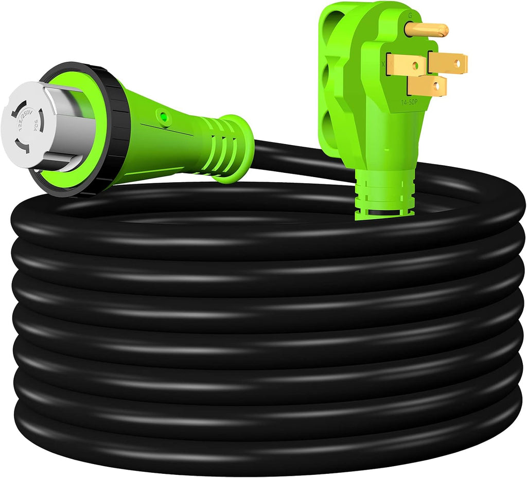 UL Listed 50 Amp RV Extension Power Cord, 25 Feet Lockable Heavy Duty 6/3 + 8/1 SJTW AWG Gauge Cord, NEMA 14-50P to SS2-50R with Cord Organizer, 125V/250V for RV Camper and Generator to House